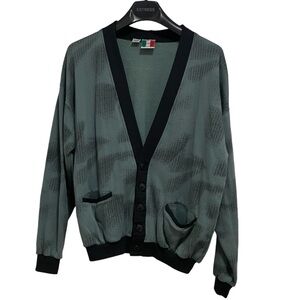 Vintage Colore Abstract Green Black Button V Neck Cardigan Sweater Small /Medium